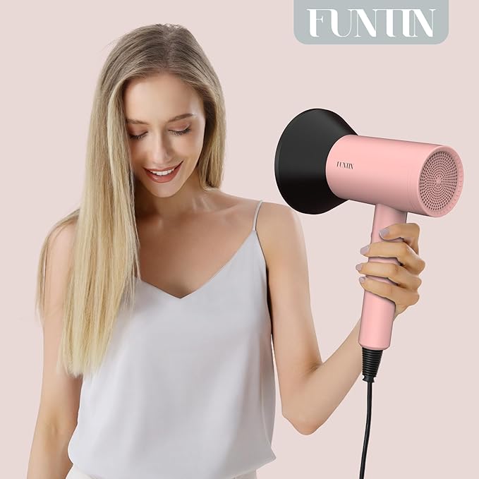 FUNTIN Hair Dryer, Blow Dryer with Diffuser Brush for Women 4C Thick Hair Ionic Hair Dryer(Baby Pink)