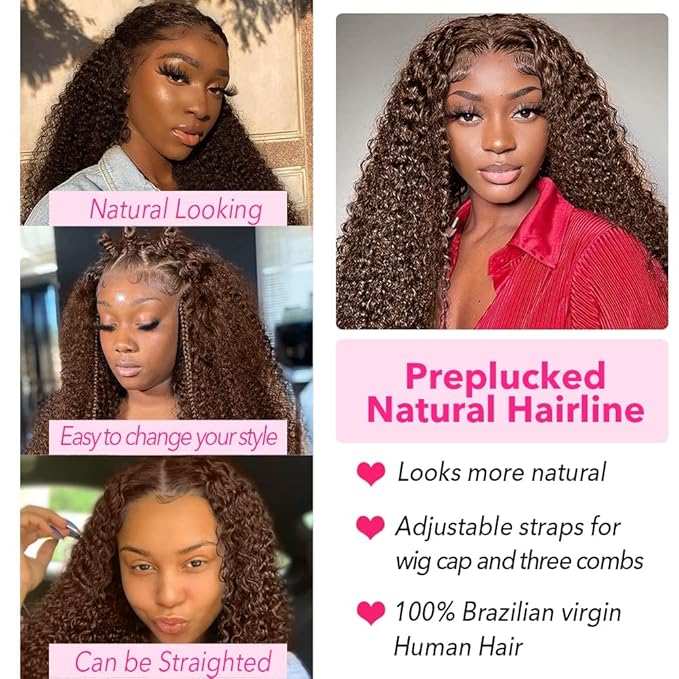 250% Density 32 Inch Mongolian Deep Lace Front Wigs Human Hair 13x6 Auburn Brown HD Transparent Lace Front Wigs for Women With Baby Hair Chocolate Curly Lace Front Wigs
