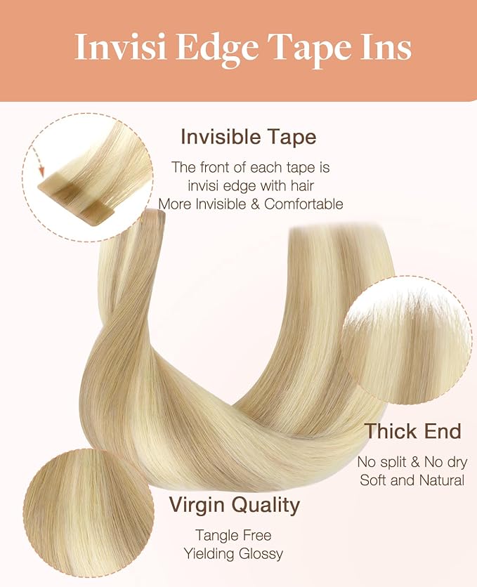 GOO GOO Invisi Edge Tape in Hair Extensions Human Hair, 18A/613A Dark Blonde Highlighted Bleach Blonde 10pcs injected with 10pcs classical tape ins, 10inch 30g, Virgin Remy Hair, Natural Look