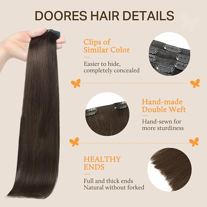 DOORES Clip in Hair Extensions Remy, Light Dark Brown 14 Inch 120g 7pcs, Real Human Hair Extensions Clip in Straight Remy Weft