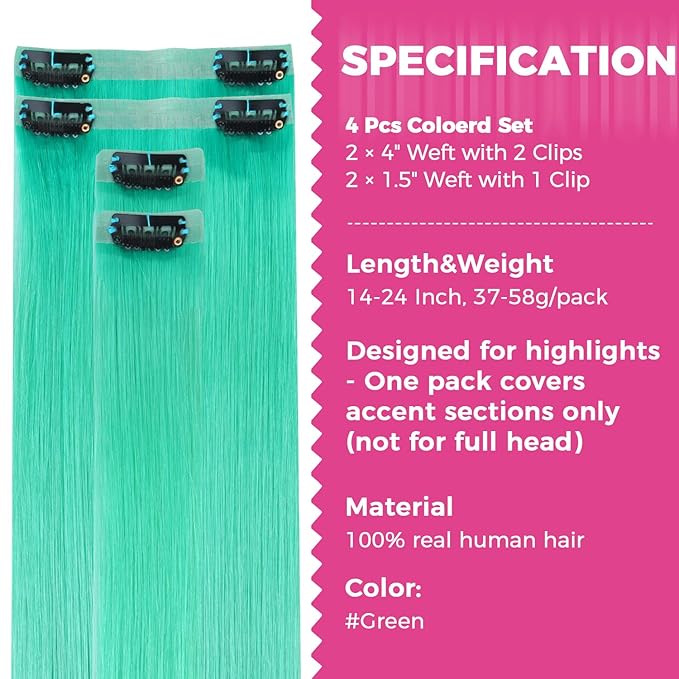 Lashey Seamless Clip in Hair Extensions Human Hair 4pcs 48g Green 20 Inch Straight 100% Remy Human Hair Extensions for Black Women