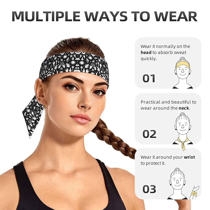 Men's Women Sports Sweatband, Multi Style Long Head Ribbon for Running Fitness Spa, Cool Halloween Goth Gothic Raven Crow Skull Sun Moon Tattoos Headwear Head Accessories