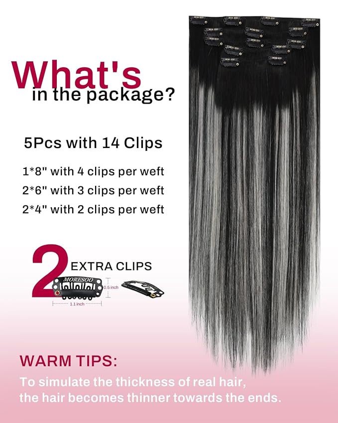 Moresoo Clip in Hair Extensions Human Hair Black to Silver Ombre Hair Extensions Clip ins Long Balayage Natural Black to Silver Grey Double Weft for Women Straight Remy Human Hair 80g/5pcs 20 Inch