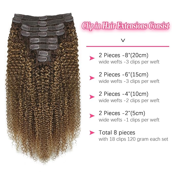 Kinky Curly Clip in Hair Extensions Real Human Hair 4/27/4 Omber Kinky Curly Clip ins For Women 3c 4a Brazilian Virgin Clip on Hair (18inch,#4/27/4)