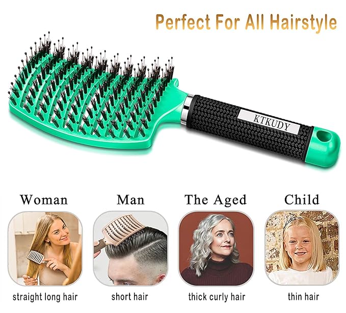 KTKUDY Detangling Brush Getting Knots Out without Pain - Boar Bristles HairBrush Make Hair Shiny & Healthier Vented Detangler Brush for Women Men Kids Wet and Dry Hair (Gold & Green)