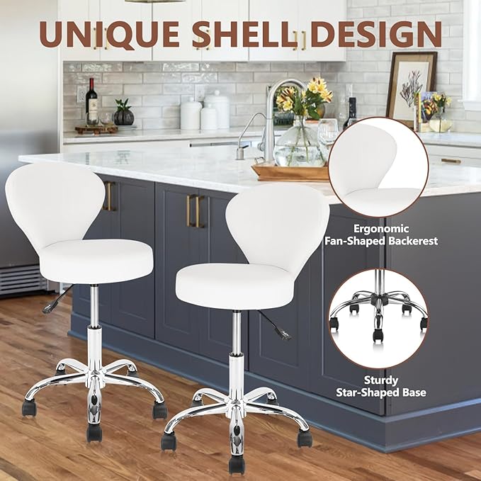 Set of 4 PVC Faux Leather Rolling Swivel Salon Stool Chair with Low Back Support Adjustable Hydraulic Seat Height 22 IN Diameter 15 IN for Office Massage Facial Spa Medical Tattoo White 4 Pack