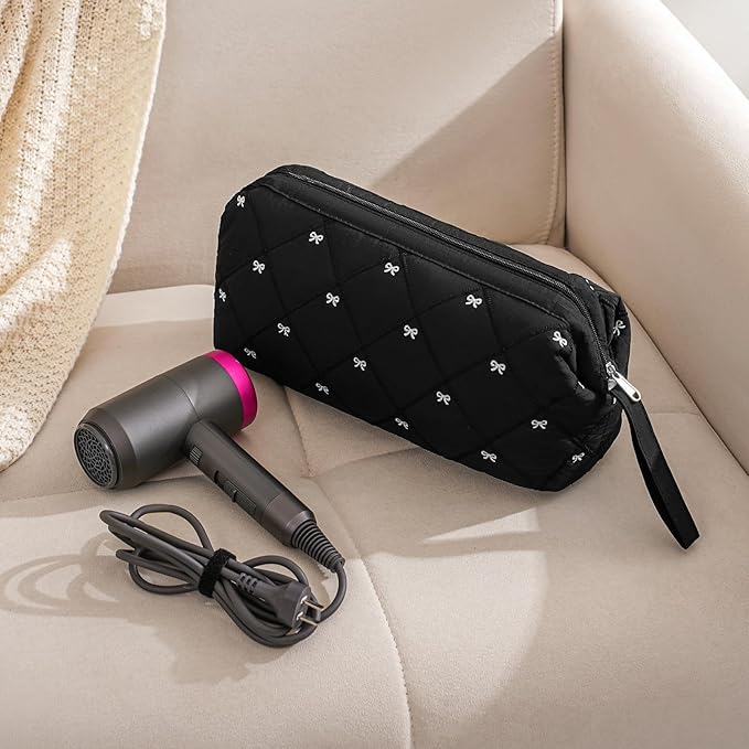 Large Quilted Hair Tools Travel Bag with Bow Pattern,Waterproof Hair Styling Accessories Storage Case for Shark FlexStyle, Dyson Airwrap Hair Dryer, Curling Iron, Revlon Hair Tools(Black)
