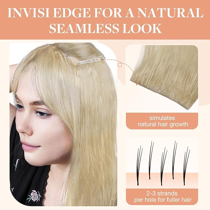 GOO GOO Invisi Edge Tape in Hair Extensions Human Hair, 60A Platinum Blonde, 10pcs 22inch 30g, Virgin Remy Hair, Seamless Injected Tape, Natural Look
