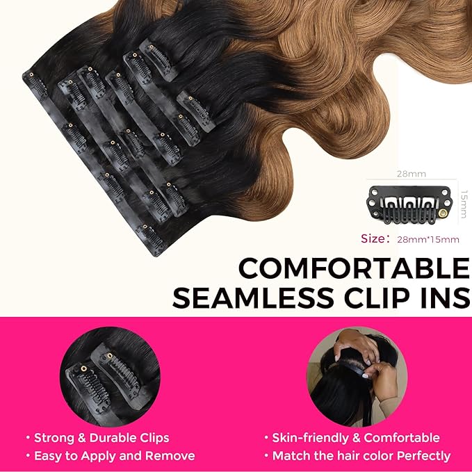 Lashey Clip in Hair Extensions Ombre Natural Black to Medium Auburn Seamless Clip in Hair Extensions Human Hair 110g 7pcs 14 Inch Body Wave Remy Human Hair Extension for Black Women