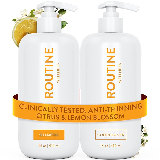 Routine Wellness Anti-Thinning Shampoo and Conditioner Set for Thinning Hair - Biotin DHT Blocker Women & Men - Color Safe Shampoo for Hair Loss & Healthier Hair - Citrus & Lemon Blossom (Pack of 2)