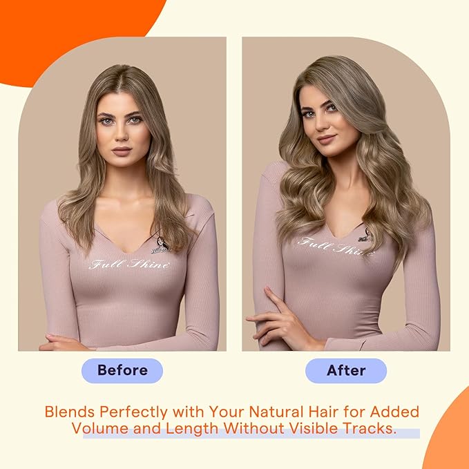 Full Shine Tape in Extensions 16 Inch Color 6 Brown Fading to 6 and 60 Blonde Invisible Double Sided Remy Tape Ins Human Hair Extensions 50 Grams Straight Seamless Soft and Silky 20 PCS for Wedding