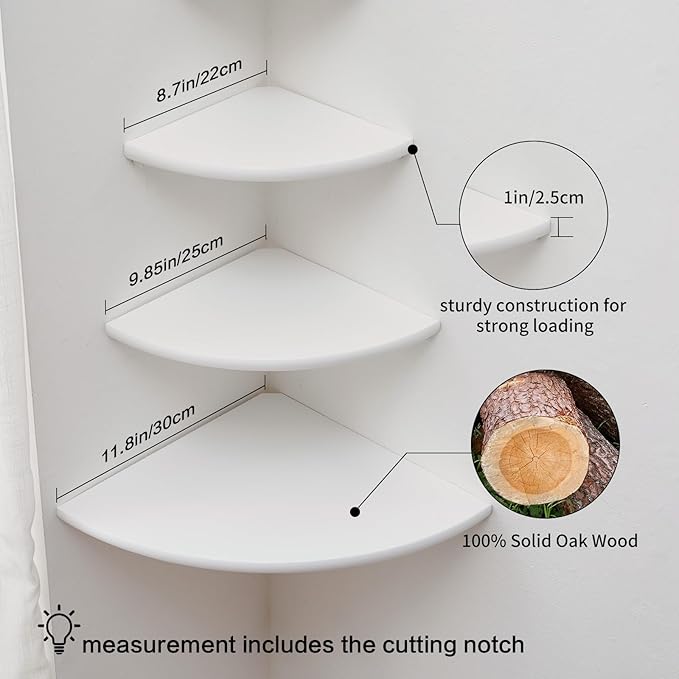 Corner Shelves, Floating Corner Shelf, Set of 3 Solid Oak Wood Corner Wall Shelves, Round End with Wire Hole Shelving for Small Plant for Bedroom Kitchen, Living Room (Size 9/10/12in)