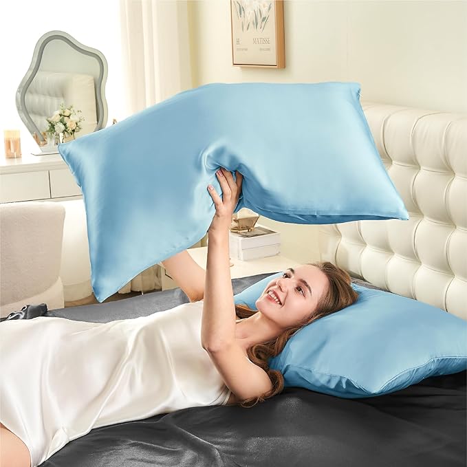 INFIIXSO Mulberry Silk Pillow Cases King Size Set of 2, Silk Pillowcase with Hidden Zipper 20"x36", Extraordinary Smooth and Soft Pillow Case for Hair and Skin(Light Blue, 2 Pack)