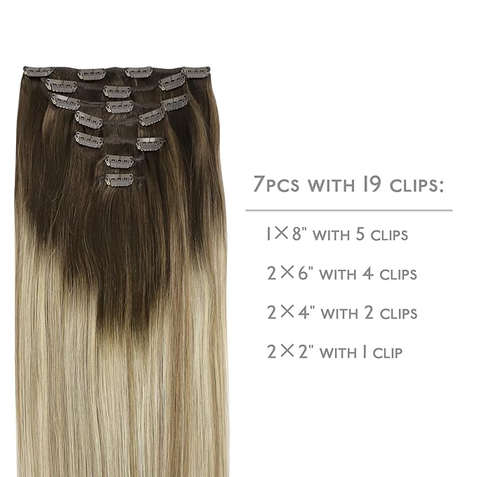 WENNALIFE Clip in Hair Extensions Real Human Hair, 20 Inch 120g 7pcs Ombre Walnut Brown to Ash Brown and Bleach Blonde Clip in Human Hair Remy Clip in Hair Extensions Real Human Hair Double Weft