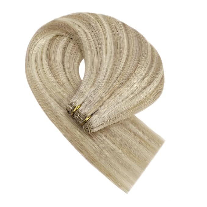 YoungSee Weft Hair Extensions Highlight Warm Ash Blonde Mix Bleach Blonde Human Hair Sew in Extensions Highlights Hair Extensions Weft Soft Remy Hair 18Inch 100G