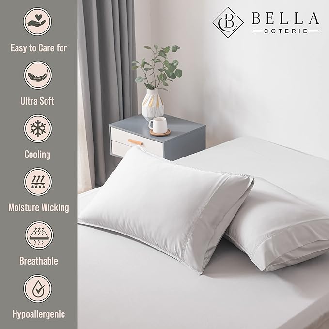 Bella Coterie | Luxury Bamboo Viscose King Size Pillowcase Set | 100% Organically Grown | Ultra Soft | Cooling | 2 Pcs [Grey Mist]