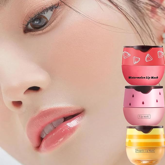 3 PCS Bee Lip Balm Lip Mask Honey Pot, Honey & Strawberry & Watermelon Lip Mask Overnight Propolis Moisturizing Lip Balm with Stick, Hydrating Repair Lip Sleeping Mask,Prevention Dry & Cracked