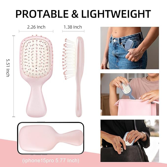 Mini Hair Bursh for Women Men and Kids, Protable Travel Size Hair Brush for Pockets Purses, Mini Detangler Brush for All Hair Types, Small Paddle Brush for Detangling (Pink)