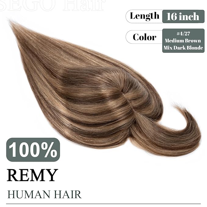 SEGO Hair Toppers for Women Real Human Hair with Thinning, with Front Bangs Clip in Toppers Straight 150% Density Silk Base -16 Inch #4/27 Medium Brown Mix Dark Blonde