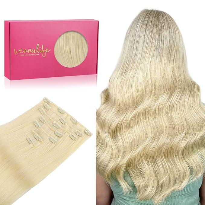 WENNALIFE Clip in Hair Extensions Real Human Hair, 24 Inch 120g 7pcs Human Hair Extensions Clip In Human Hair, Bleach Blonde Hair Extensions Clip In Real Hair Coloured Remy Human Hair Extensions