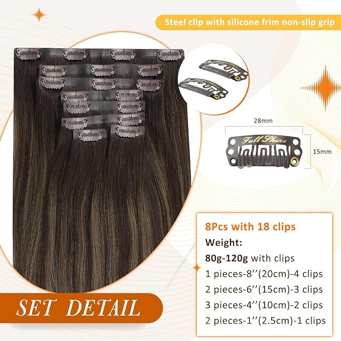 Full Shine Seamless Human Hair Clip in Extensions 14 Inch Ombre Dark Brown to Light Brown with Honey Blonde Clip in Hair Extensions for Women 8 PCS 120 Grams