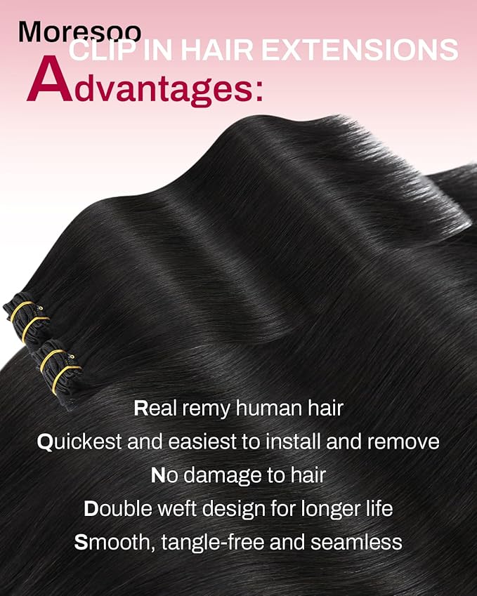 Moresoo Natural Black Clip in Hair Extensions Straight Natural Black Human Hair Clip in Extensions Remy Human Hair Long for Women Double Weft 80g/5pcs 16 inch