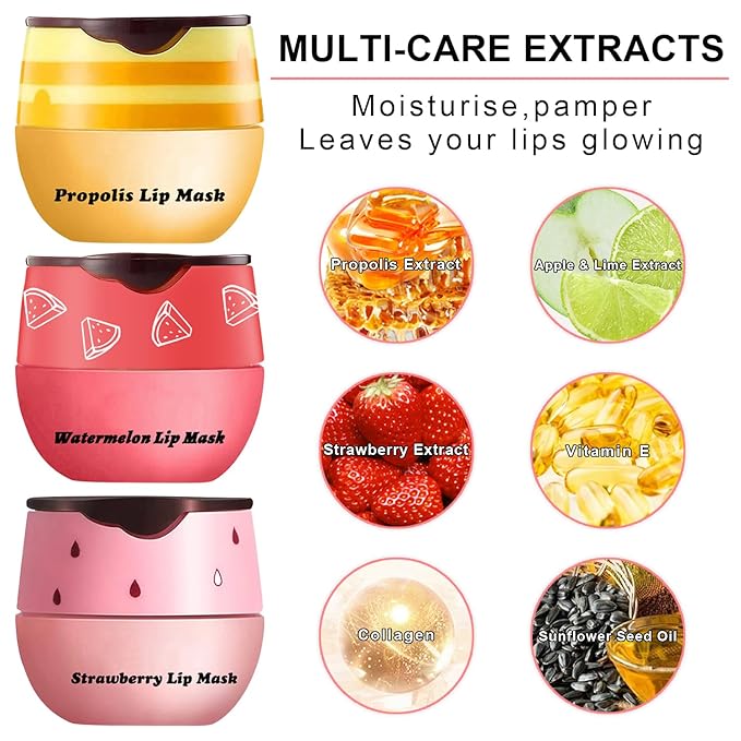 3Pcs Lip Balm Honey Pot with Stick, Honey Strawberry Apple Moisturizing and Hydrating Sleeping Lip Mask, Day and Night Repair and Care, Improve Lip Color, Reduce Lip Lines (SET B)