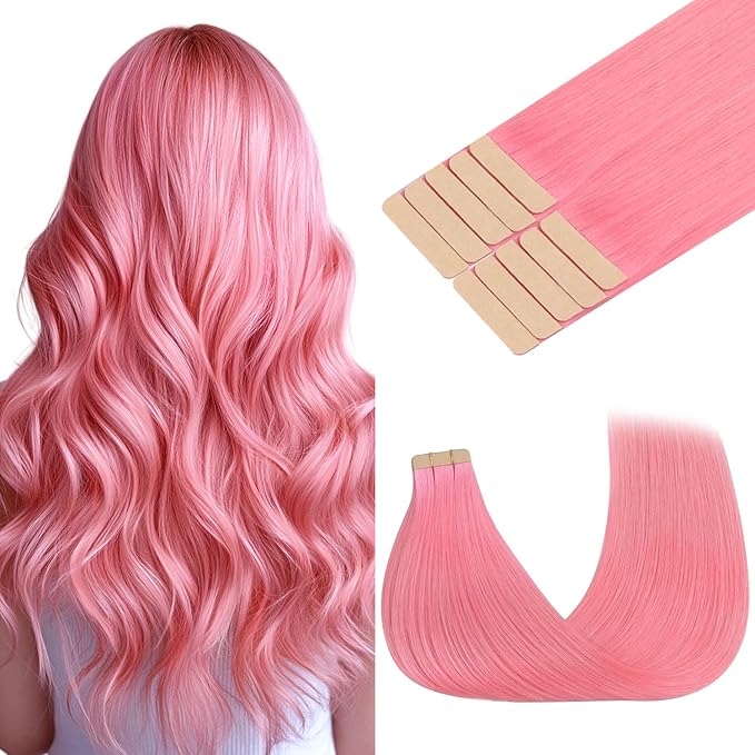GOO GOO Tape in Hair Extensions Human Hair, Peach Pink, 12inch 20g 10pcs, Colored Tape ins Human Hair Extensions, Silky&Soft Invisible Tape Ins, Hair Highlighted for Party