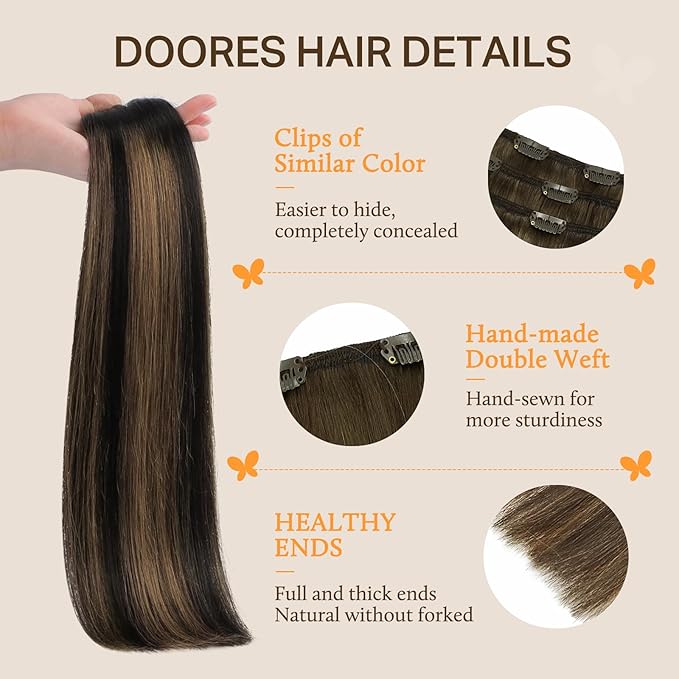 DOORES Clip in Hair Extensions - Balayage Natural Black to Chestnut Brown, 14 Inch 150g 9pcs, Real Human Hair, Remy Straight Natural Hair Extensions