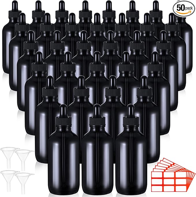Dandat 50 Pack 4 oz Glass Dropper Bottles Leakproof 120 ml Glass Tincture Bottles with Eye Droppers, 4 Funnels, 54 Labels for Essential Oil Perfumes Hair Oil(Black)