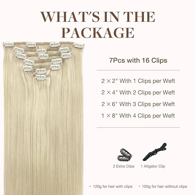 GOO GOO Clip in Hair Extensions Real Human Hair, Remy Human Hair Extensions Clip ins for Women, Natural Human Hair, 20inch 120g 7Pcs, 60A Platinum Blonde