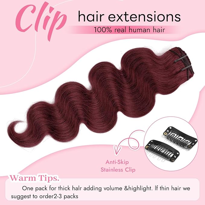 Clip in Hair Extensions Real Human Hair Body Wave 99J Burgundy Clip in 100% Brazilian Remy Human Hair Extensions 8pcs Per Set with 18 Clips Double Weft 22 Inch 110g/3.6oz