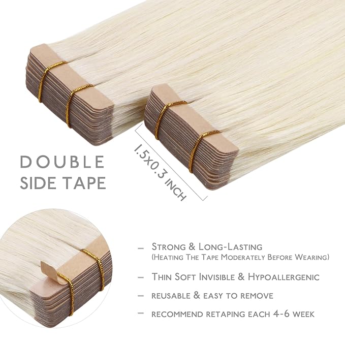 WENNALIFE Tape in Hair Extensions Human Hair, 20pcs 60g 26 inch White Blonde Remy Hair Extensions Straight Human Hair Tape in Extensions Skin Weft Tape Extensions Human Hair
