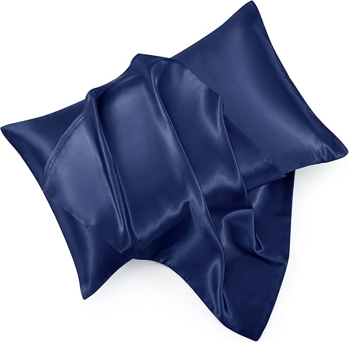 Navy Blue Satin Pillowcase Standard Set of 2 with Envelope Closure，Navy Blue Silk Pillowcase for Hair and Skin (20x26)