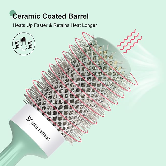 Eagle Fortress Round Brush for Blow Out, Thermal Ceramic Hair Brush for Blow Drying with Ionic Bristle for Professional Blowout Brushing - Green, 53mm