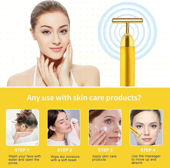 2 Pack T Shape Face Massager Beauty Bar Golden & Pink Facial Massager, Portable Electric Vibration Face Neck Body Massager for Firming Lifting Anti Aging Skin Tightening Wrinkle Reducing