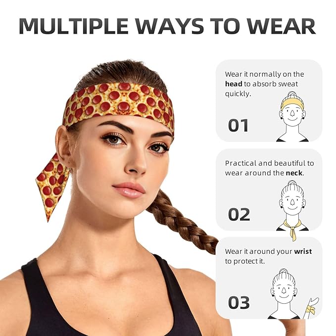 Boys Girls Sports Sweat Bands, Boho Style Long Head Band for Yoga Travel Spa, Cool Pepperoni Pizza Headdress Hair Accessories