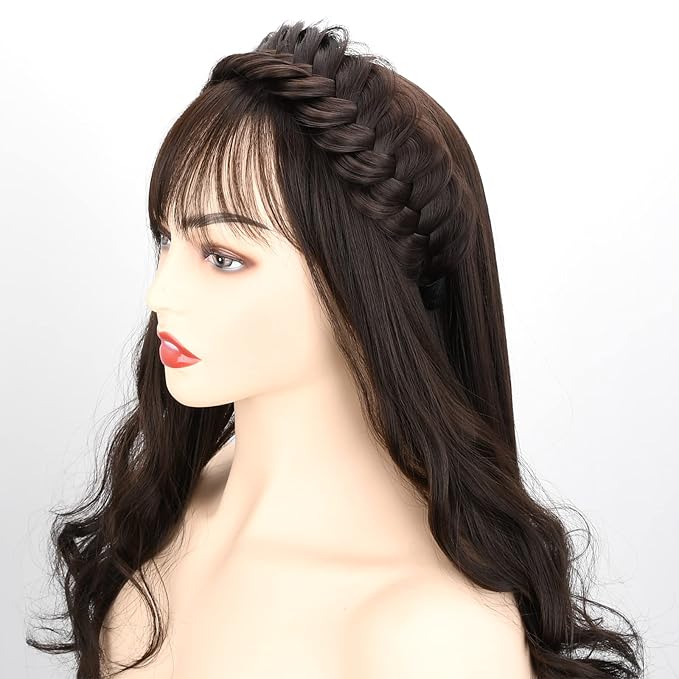 DIGUAN Wide Messy Braided Headband With Teeth Synthetic Hair Plaited Headband High Elasticity Braids Chunky Fishtail Braided Hair Band Hairpiece for Girls Women (Brunette Brown)