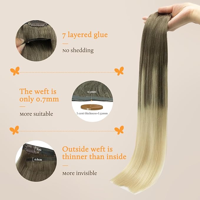 DOORES Human Hair Clip in Extensions - Ash Brown to Platinum Blonde, 14 Inch, 130g, 9pcs - Seamless, Natural, Straight, Invisi Edge, Thick