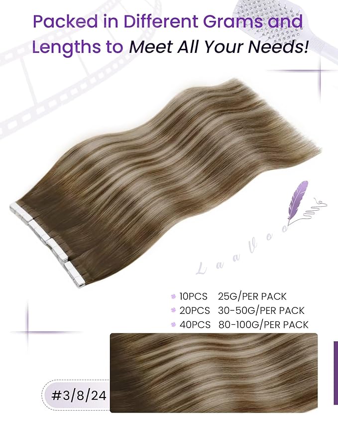 LaaVoo Hair Extensions Tape in Real Human Hair Tape in Extensions Human Hair Balayage Tape Extensions Human Hair Ombre Dark Brown to Light Brown Mix Light Blonde 12inch 50g 20pcs