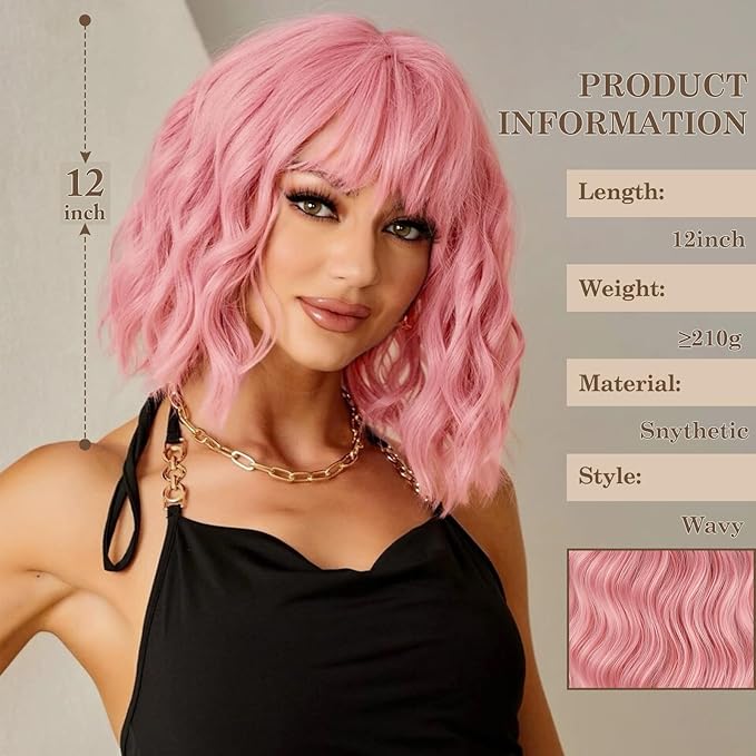 MISSQUEEN Pink Wig with Bangs Short Pink Wavy Wigs for Women 12in Natural Heat Resistant Fiber Synthetic Curly Light Pink Bob Wigs for Women Girls Daily Party Holiday Festival Chrismas Used