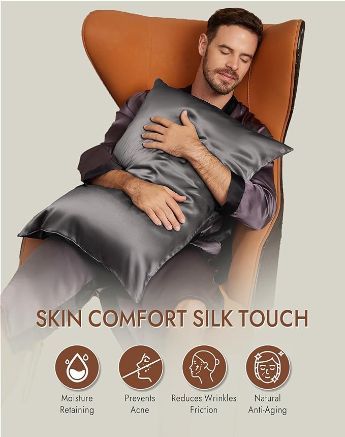 SilkSilky 100% Mulberry Silk Pillowcase - Pure 22 Momme High-Grade 6A Fibers for Hair & Skin, Envelope Closure, Natural, Organic, Breathable & Cooling Pillow Case (King, Dark Gray)