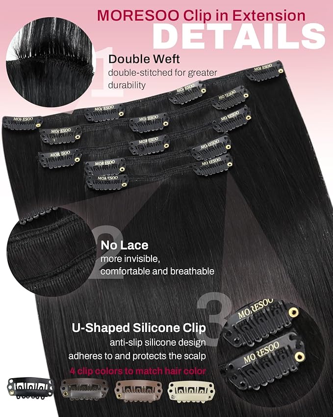 Moresoo Clip in Hair Extensions Real Human Hair Natural Black 5pcs 80g Remy Straight Invisible Lace Double Weft Human Hair Extensions Natural Black Human Hair Clip in Extensions #1b 22inch