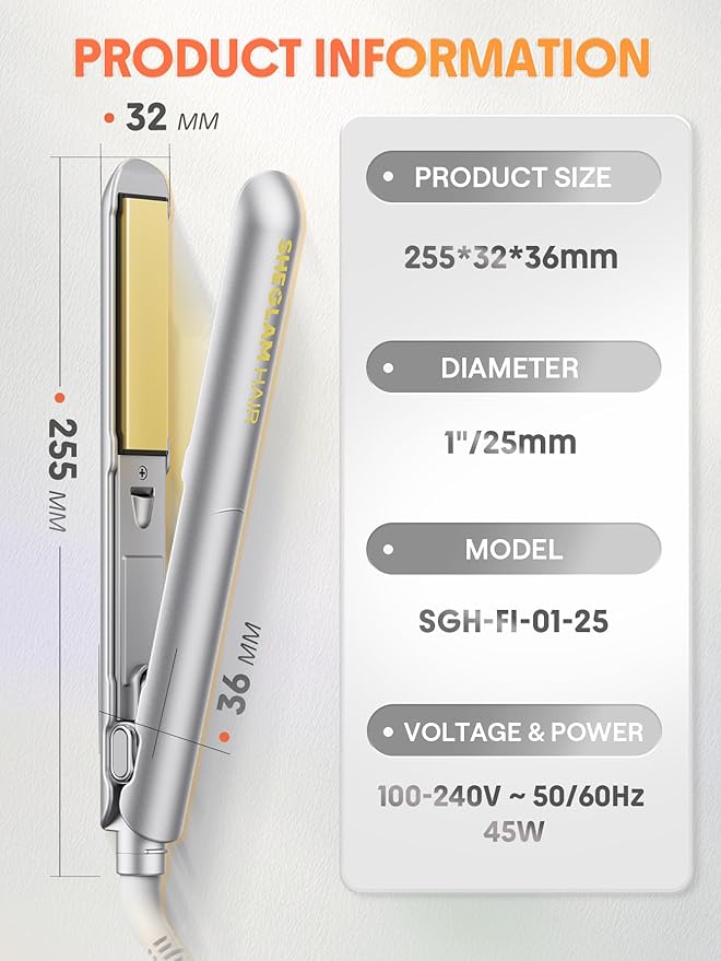 SHEGLAM Hair Straightener 1inch Negative Ion Flat Iron 60s Quick Heating Dual Voltage Sleek Chic Wide Glide