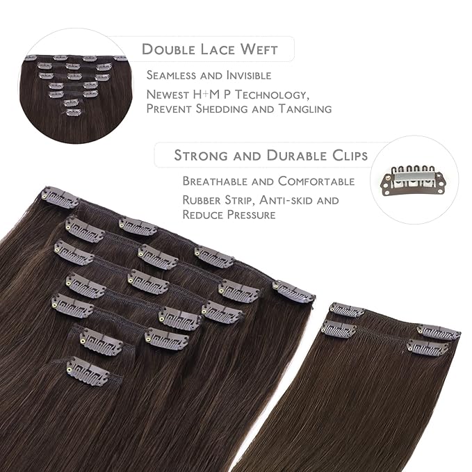 WENNALIFE Clip in Hair Extensions Real Human Hair, 20 Inch 150g 9pcs Human Hair Extensions Clip In Human Hair, Light Dark Brown Hair Extensions Clip In Real Hair Coloured Remy Human Hair Extensions