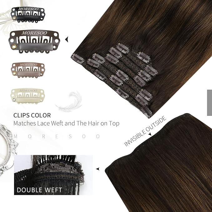 Moresoo Clip in Hair Extensions Real Human Hair Balayage Dark Brown to Chestnut Brown Human Hair Extensions Clip ins Long 16 inch Full Head for Women 120g/7pcs