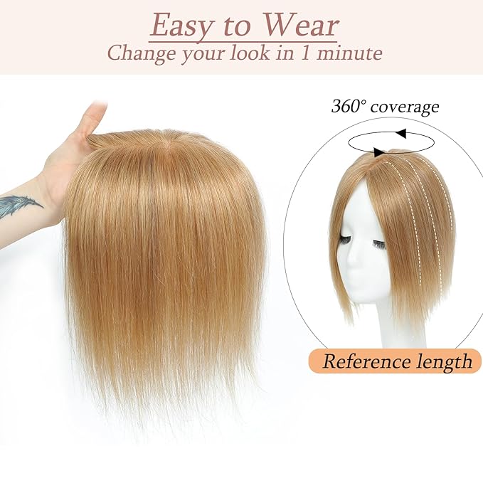 Human Hair Toppers for Women with Thinning Hair Real Human Topper Crown No Bangs 10 Inch #27 Dark Blonde