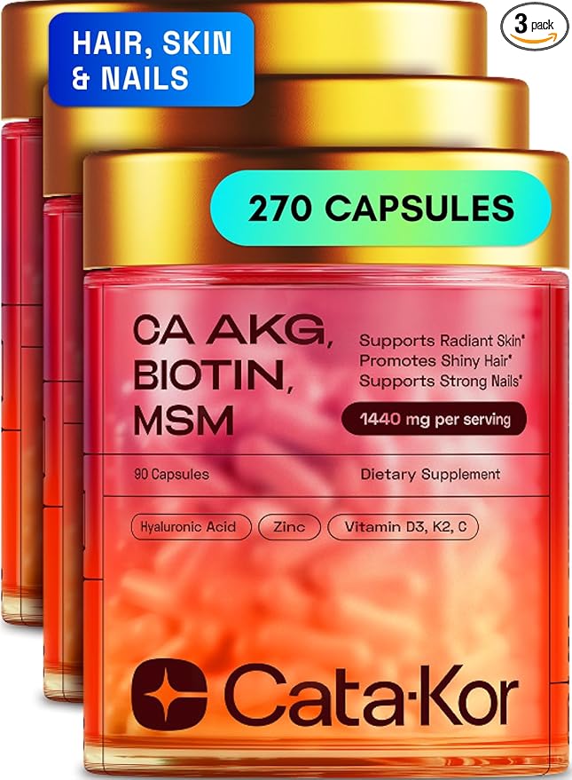 Hair Skin and Nails Supplement with Ca AKG | MSM | Hyaluronic Acid | Biotin | Vitamin C & Vitamin D3 K2 – Supports Radiant Skin, Promotes Shiny Hair & Strong Nails –270 Capsules (3 Pack)