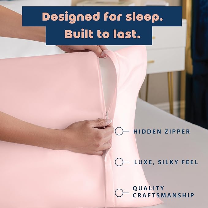 BLISSFORD Pink Satin Pillowcase with Zipper, for Hair and Skin Care, Feels Soft and Cool Like a Silk Pillowcase, Satin Pillow Cases 2 Pack, Slik Pillow Cover, Queen Size - Set of 2