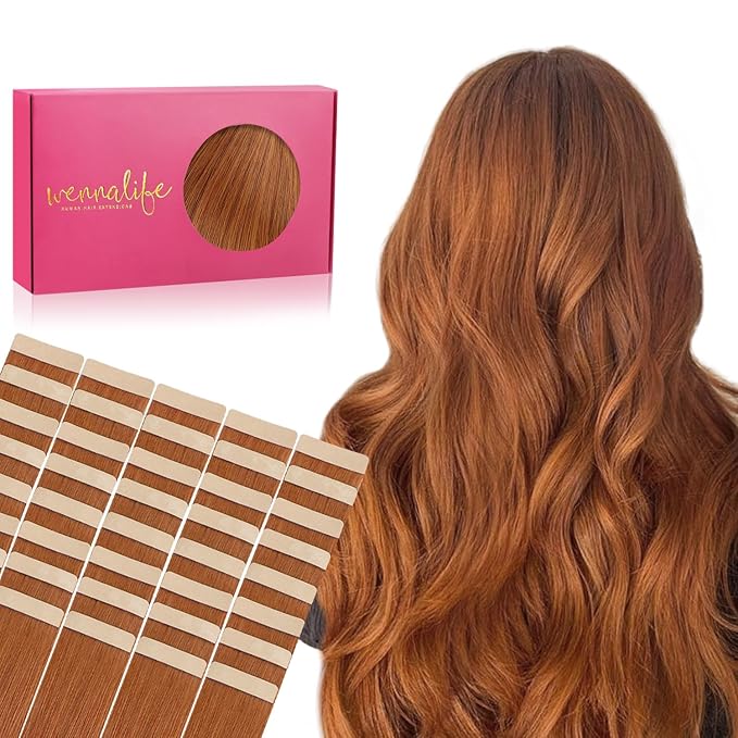 WENNALIFE Tape in Hair Extensions, 40pcs 100g 24 Inch Dirty Ginger Human Hair, Straight Invisible Reusable Real Extensions